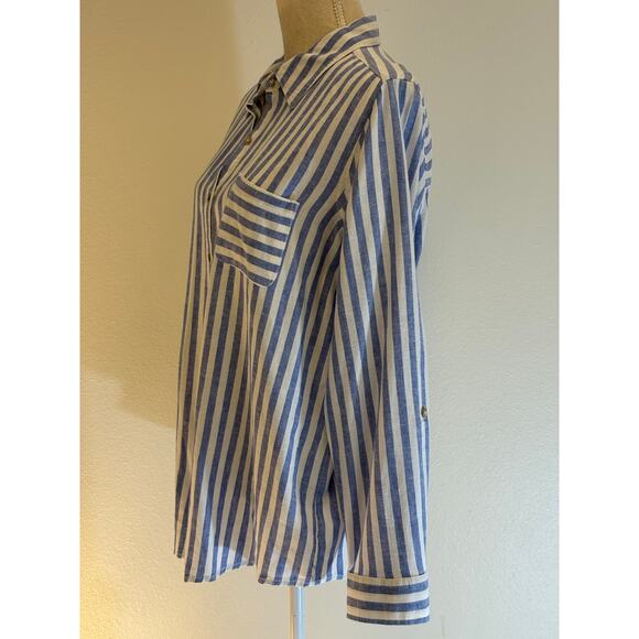 NICOLE MILLER blouse Top Linen Blend Stripe Blue White 3/4 Long Sleeve | LARGE - Picture 6 of 10
